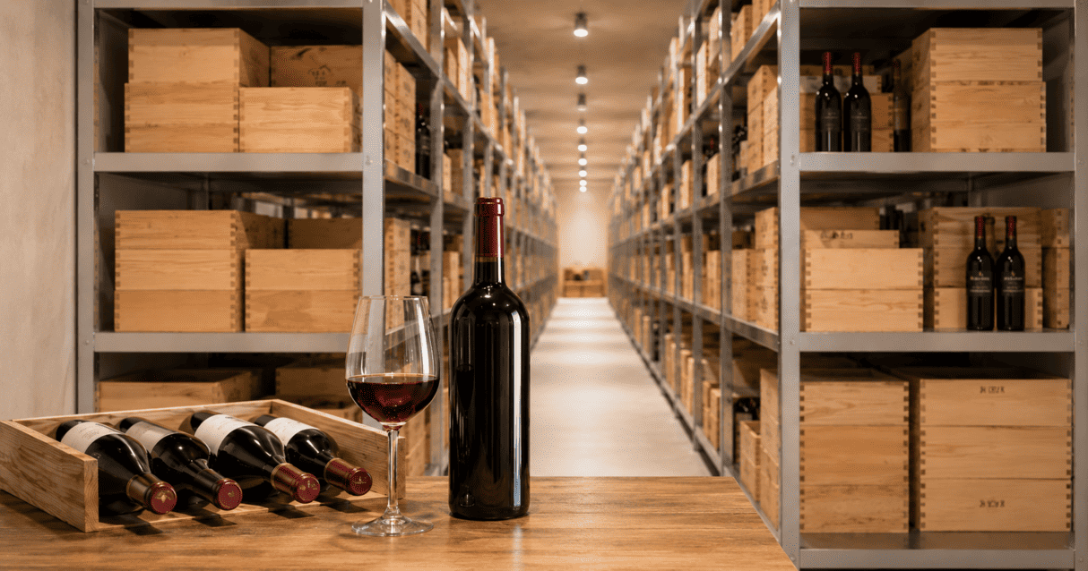 Managed wine storage feature image showing wine bottles, a glass of red wine and rows of professional cellar shelving, with text reading “Managed Wine Storage: Your cellar doesn’t need to be around the corner.”