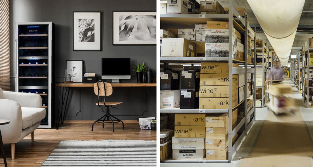 Off site climate controlled wine storage warehouse beside a home wine fridge showing safe long term wine storage options